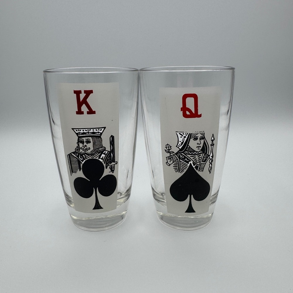 Vintage Playing Card Glasses Set of 2 King of Clubs Queen of Spades MCM